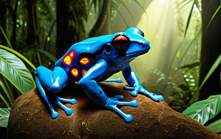 **
A vibrant, detailed illustration of a poison dart frog in the Amazon rainforest, with glowing medicinal symbols overlaid on its skin, representing epibatidine and its potential for pain relief and neurological treatments like Alzheimer's and Parkinson's, balanced with faint warning signs indicating the need for safety and ethical biodiversity conservation.
**