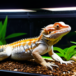 A healthy, vibrant Bearded Dragon basking comfortably under a heat lamp inside a meticulously maintained, professional reptile terrarium. The terrarium features a warm basking zone with a visible digital thermometer displaying optimal temperature, and a cooler, shaded area with naturalistic decor and clean substrate. The Bearded Dragon is in a natural, relaxed pose, showcasing perfect anatomy and correct proportions. Professional photography, high detail, natural lighting, well-formed, safe for work, appropriate content, fully clothed, professional, family-friendly.