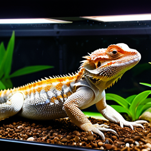 Home 6 A healthy, vibrant Bearded Dragon basking comfortably under a heat lamp inside a meticulously maintained, professional reptile terrarium. The terrarium features a warm basking zone with a visible digital thermometer displaying optimal temperature, and a cooler, shaded area with naturalistic decor and clean substrate. The Bearded Dragon is in a natural, relaxed pose, showcasing perfect anatomy and correct proportions. Professional photography, high detail, natural lighting, well-formed, safe for work, appropriate content, fully clothed, professional, family-friendly.