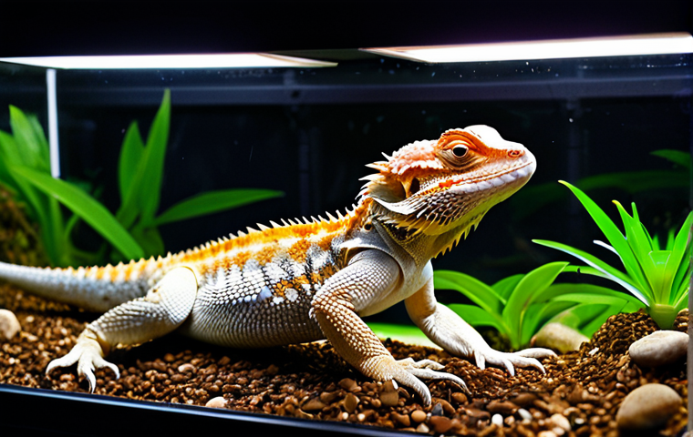 A healthy, vibrant Bearded Dragon basking comfortably under a heat lamp inside a meticulously maintained, professional reptile terrarium. The terrarium features a warm basking zone with a visible digital thermometer displaying optimal temperature, and a cooler, shaded area with naturalistic decor and clean substrate. The Bearded Dragon is in a natural, relaxed pose, showcasing perfect anatomy and correct proportions. Professional photography, high detail, natural lighting, well-formed, safe for work, appropriate content, fully clothed, professional, family-friendly.